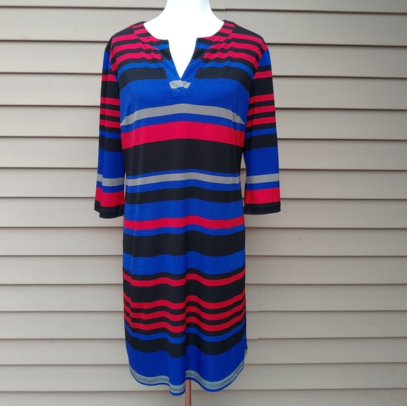 Emma & Michele Multicolor Striped Shift Dress Blue Red Black 3/4 Sleeves Stretch - Picture 3 of 14